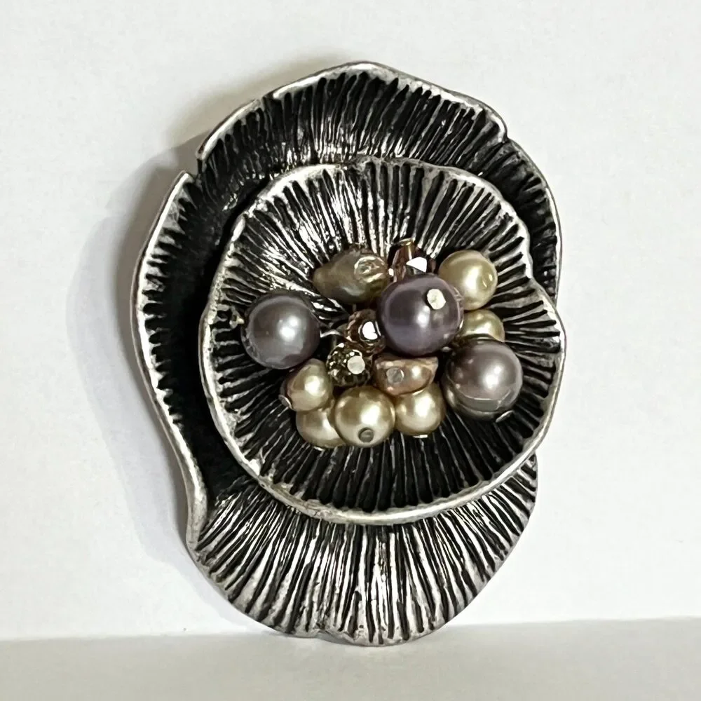Vintage Flower Brooch Pin Pearl Cluster Antiqued Silver Tone Floral Statement